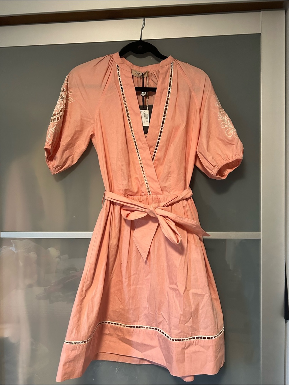 Twin-Set Coral Wrap Dress with Embroidered Sleeves